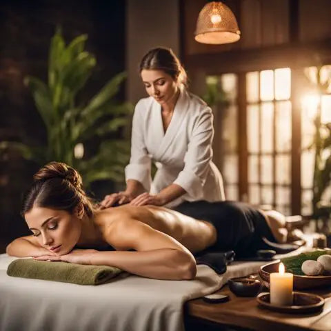 A woman enjoying a spa massage surrounded by tranquil decor.