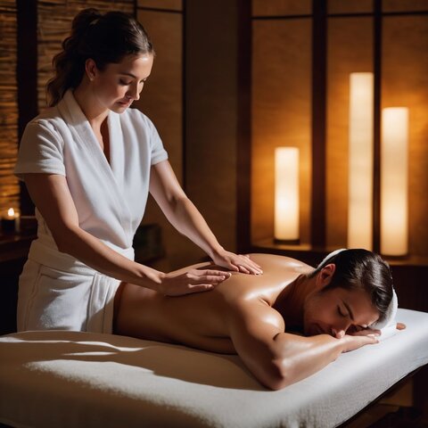 A person receiving a deep tissue massage in a spa setting.