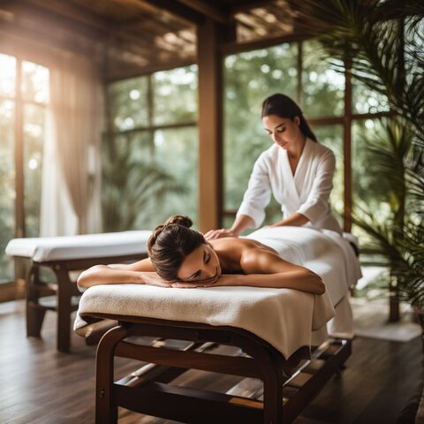 A woman enjoying a relaxing spa massage surrounded by tranquil decor.