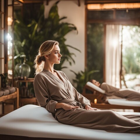 A person in loungewear reclining on a massage table in a serene spa setting.