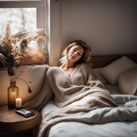 A peaceful woman sleeping in a cozy bed surrounded by pillows and blankets.