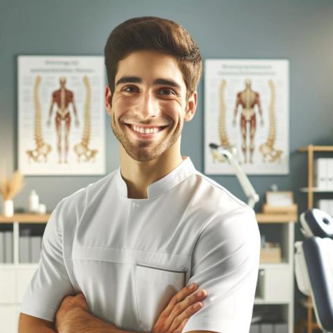 A chiropractor smiling in a professional clinic.
