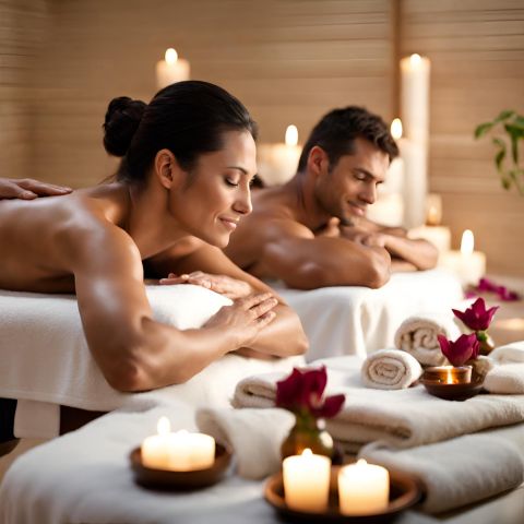 A couple enjoying a relaxing massage in a serene spa setting.