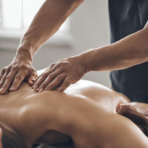 A person receiving a back massage in a peaceful spa setting.