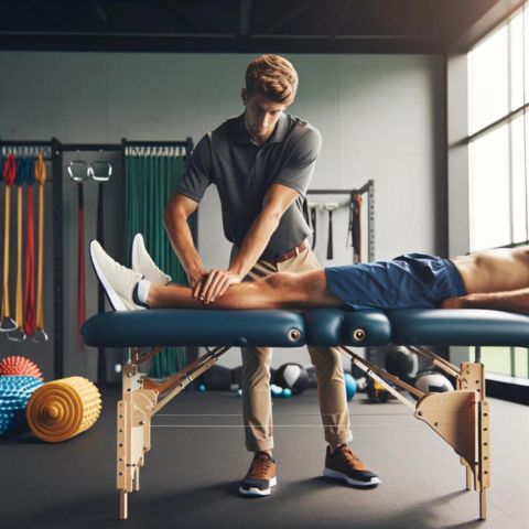 A sports massage therapist working on an athlete's leg at a sports facility.