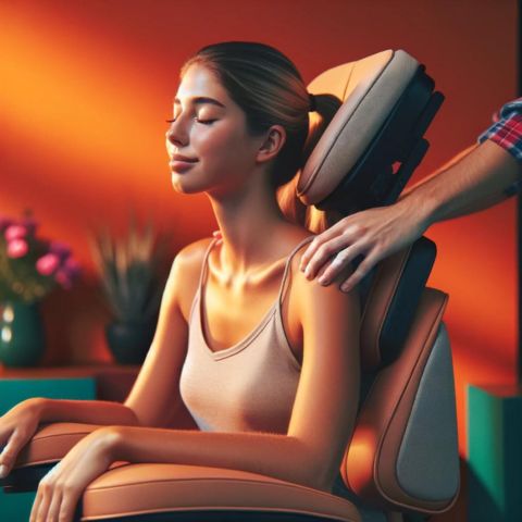 A woman enjoying a chair massage in a warmly lit room.