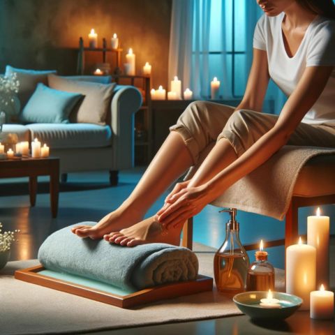 A person applying lotion to her feet before a foot massage.