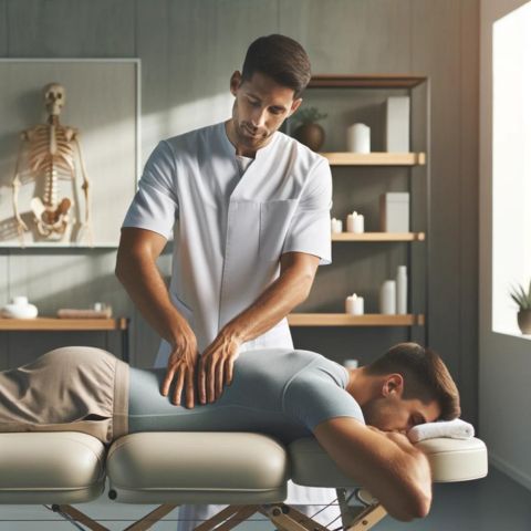 A chiropractor massaging a patients back in a clinic.
