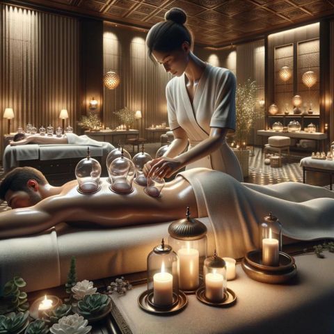 A person enjoying a cupping massage from a massage therapist in a warmly lit spa room.
