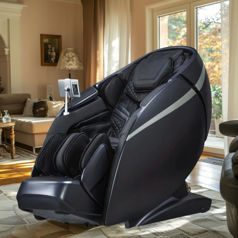 A modern massage chair in a well-decorated living room.