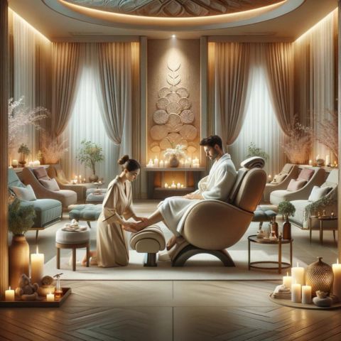 A person enjoying a foot massage in a tranquil spa setting.