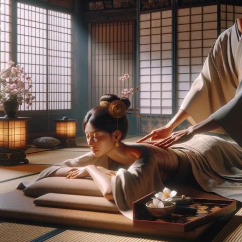 A serene woman receives Shiatsu massage in a traditional Japanese tatami room.