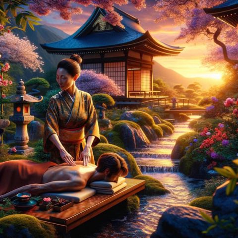 A Japanese therapist giving a massage in a tranquil garden.