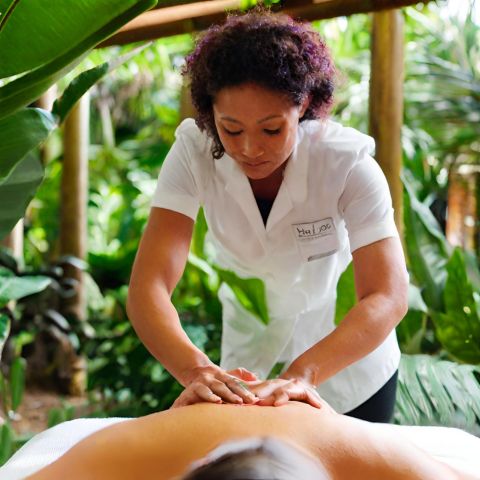 A massage therapist provides Lomi Lomi massage in a tropical garden.