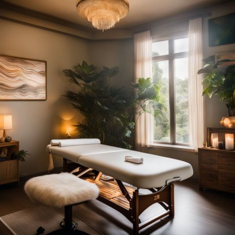 A massage table in a tranquil spa room.