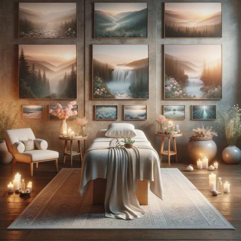 A serene massage table surrounded by calming decorations and nature photography.
