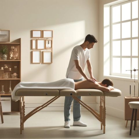 A massage therapist performing Neuromuscular Massage on a patient in a spa.