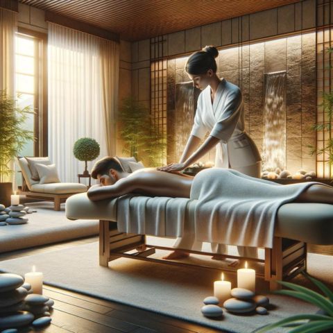 A person receiving a massage in a professional spa setting.