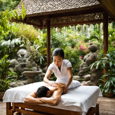 A person receiving a traditional Thai massage in a tranquil garden.