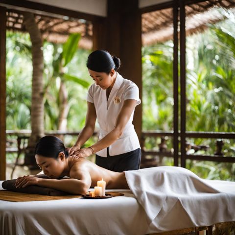 An Asian massage therapist providing a session in a tranquil spa.