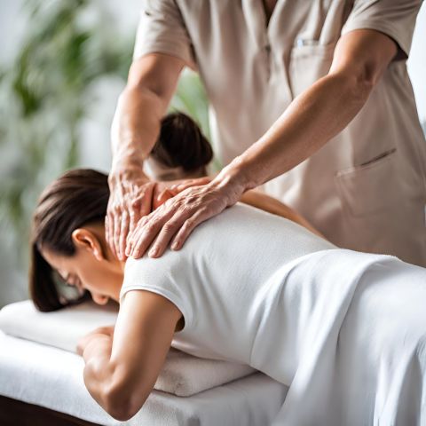 A therapist giving a neck and shoulder massage in a spa setting.