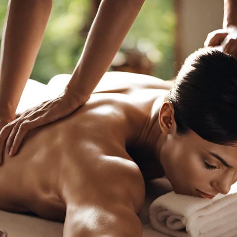 A person giving a full-body massage in a serene spa setting.