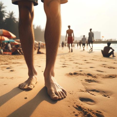 A person standing barefoot on a sandy beach with a well-lit and bustling atmosphere.