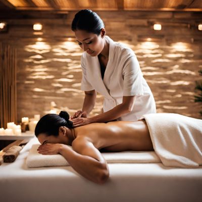 A person receiving a deep tissue massage in a bustling spa.