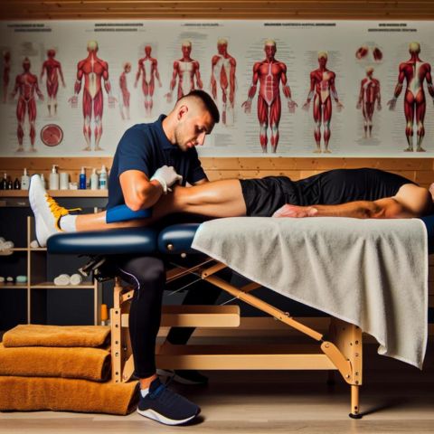 A sports massage therapist working on an athlete's leg muscles.