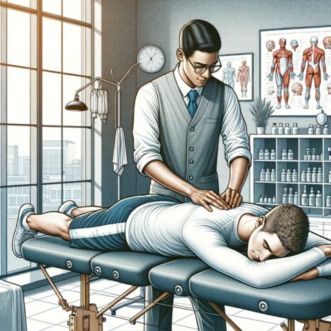 An illustration of a sports massage therapist working on the shoulders.