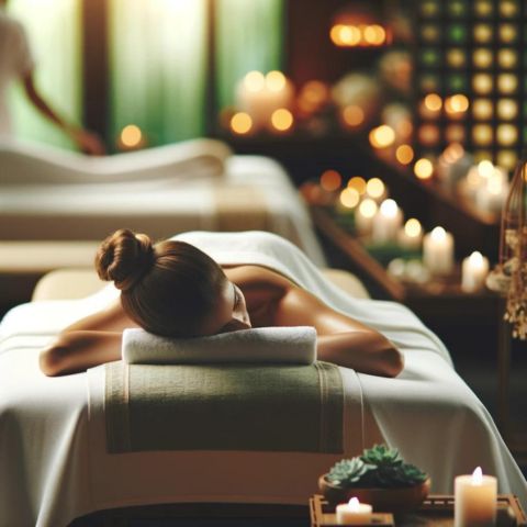 A woman enjoying a relaxing table massage in a spa.