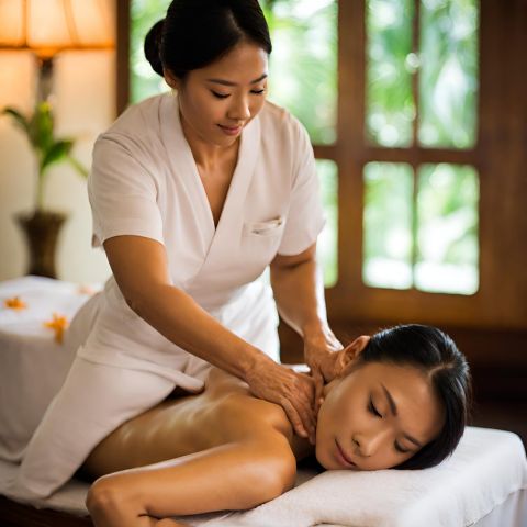 A Thai massage therapist performing traditional massage in a serene spa room.