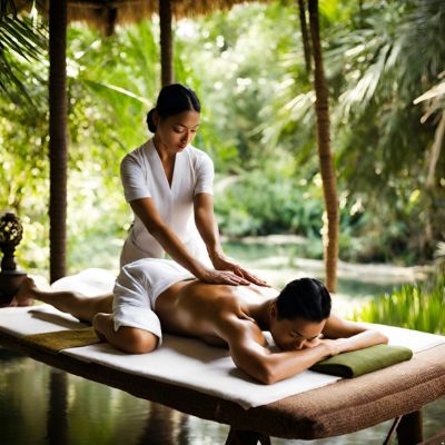 A person receiving a Thai massage in a serene natural setting.