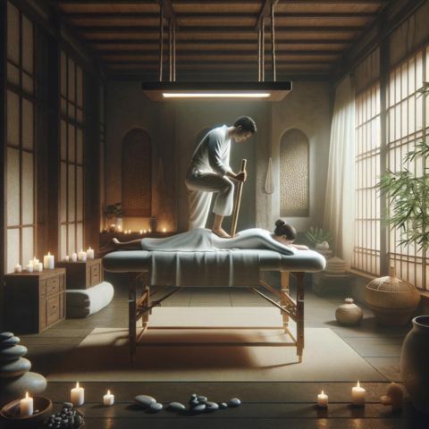 A person enjoying an Ashiatsu massage in a serene spa setting.
