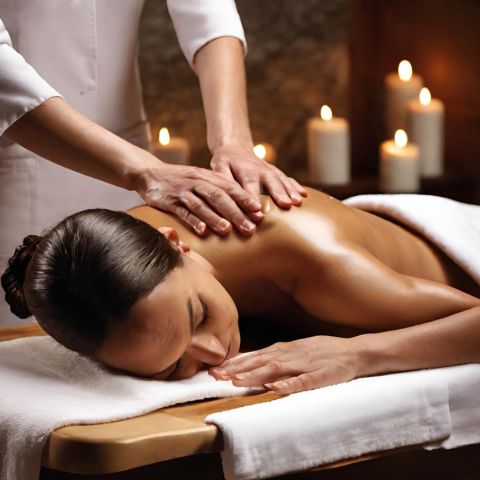 A person receiving a tranquil shoulder massage in a spa setting.