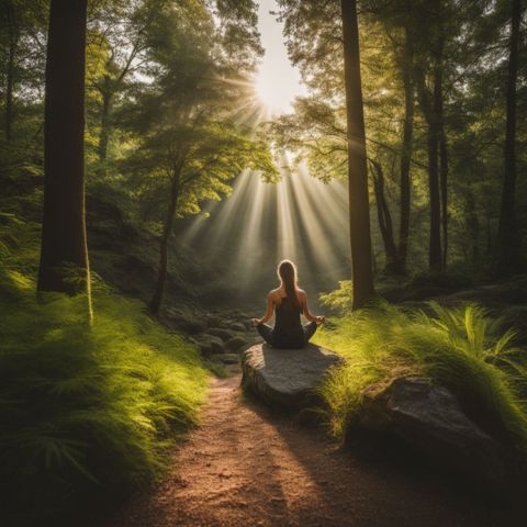 A person meditating in a peaceful forest clearing their mind.