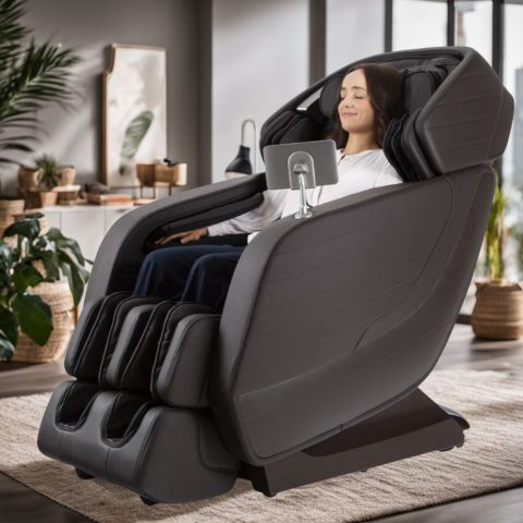 A woman enjoying a massage chair in a peaceful indoor setting.