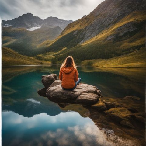 A person relaxing without guilt, sitting peacefully in a beautiful natural setting.