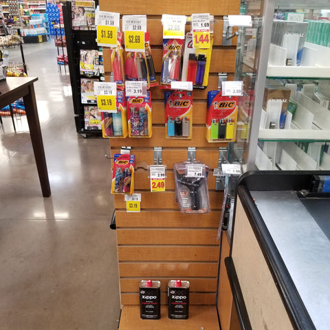 store display of lighters and lighter fluid