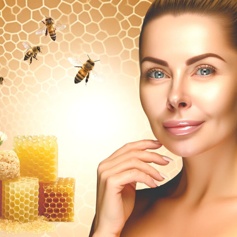 A woman with smooth, radiant skin smiles contentedly against a backdrop featuring elements of beeswax and honeybees, highlighting the natural beauty benefits of beeswax in skincare