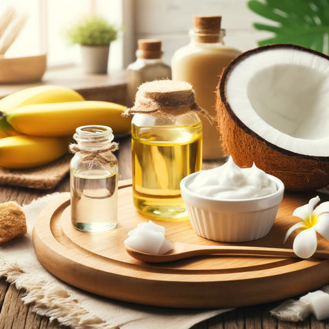 A versatile showcase of coconut oil uses for a healthy lifestyle, including as a natural moisturizer, hair conditioner, mouthwash, and smoothie ingredient, beautifully arranged on a wooden table to inspire holistic well-being.
