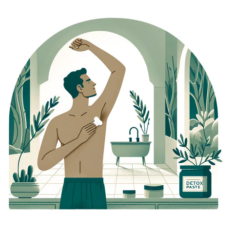 Shirtless man applying natural detox paste to underarm in a minimalist bathroom, showcasing personal hygiene and wellness routine.