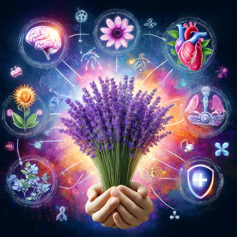 Artistic depiction of lavender flowers with symbols for health benefits, including a sleeping face for sleep quality, a calm brain for anxiety relief, a heart for cardiovascular health, lungs for respiratory well-being, and a shield for cancer prevention.