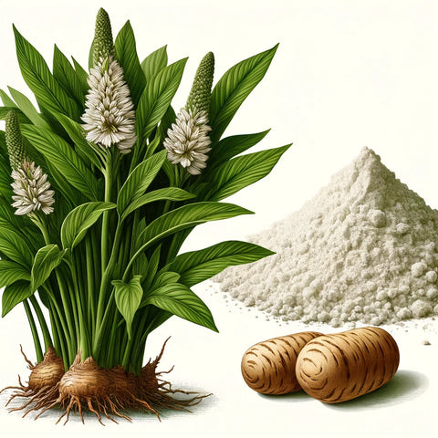 Detailed illustration of the arrowroot plant with tall green leaves and potato-like tubers, alongside fine, white arrowroot powder, highlighting the plant's natural environment and the powder's texture.
