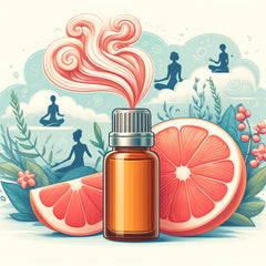 Serene illustration of an open bottle of grapefruit essential oil diffusing, with people around in states of relaxation and meditation, surrounded by soft colors and nature elements to depict stress and anxiety reduction.