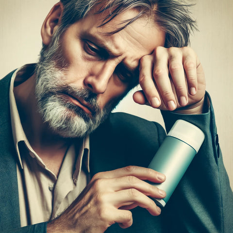 A middle-aged man displaying signs of fatigue, with bags under his eyes and a slouched posture, holds a stick of commercial deodorant, symbolizing its negative health impact. The focus is on the man and the deodorant against a minimal background, conveying concern through a subtle color palette.
