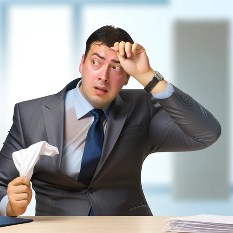  A businessman in a suit looks visibly anxious and stressed in a corporate office setting. He is wiping sweat from his forehead with a handkerchief, displaying a concerned expression while glancing at a pile of paperwork on his desk. The environment underscores the high-pressure situation