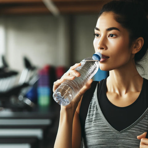 A woman in athletic wear, visibly sweating, drinks water from a bottle in a gym setting filled with exercise equipment like treadmills and weights. She appears focused and refreshed, embodying an active and healthy lifestyle.