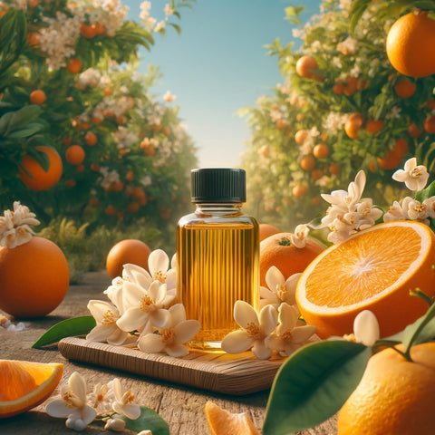 A bottle of neroli essential oil placed centrally, surrounded by vibrant oranges and delicate orange blossoms, with lush orange trees in the background of an outdoor orange grove under a clear blue sky. The scene emphasizes the natural source of the oil and evokes a sense of freshness and tranquility.