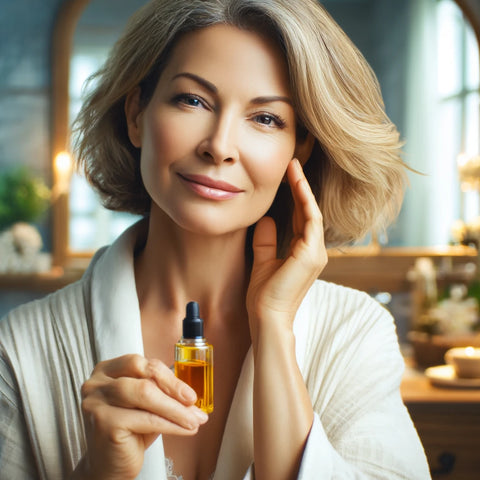 A middle-aged woman applying neroli essential oil to her face in a serene bathroom setting, with a small bottle in hand. She looks relaxed and content, surrounded by soft lighting and calming decor, reflecting a personal skincare routine focused on skin repair and rejuvenation.